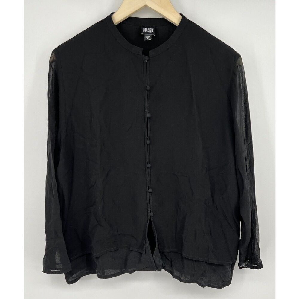 Eileen Fisher System Blouse Black Silk Button Sheer Long Sleeve Size Large